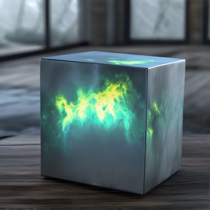A metallic cube with bright green and yellow inner glow sits on a wooden surface, blurred indoor glass walls behind it.
