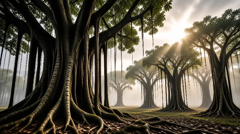 Massive Banyan trees display cascading aerial roots in a foggy grove where sunlight beams softly through the canopy.