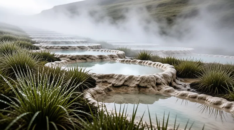 Cascading mineral pools filled with pale water rise through green vegetation under a thick layer of vapor and soft grey light.