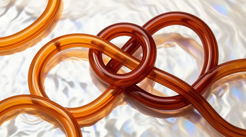 Interlocking translucent brown rings form a complex knot above a shiny rippled surface reflecting warm and cool tones.