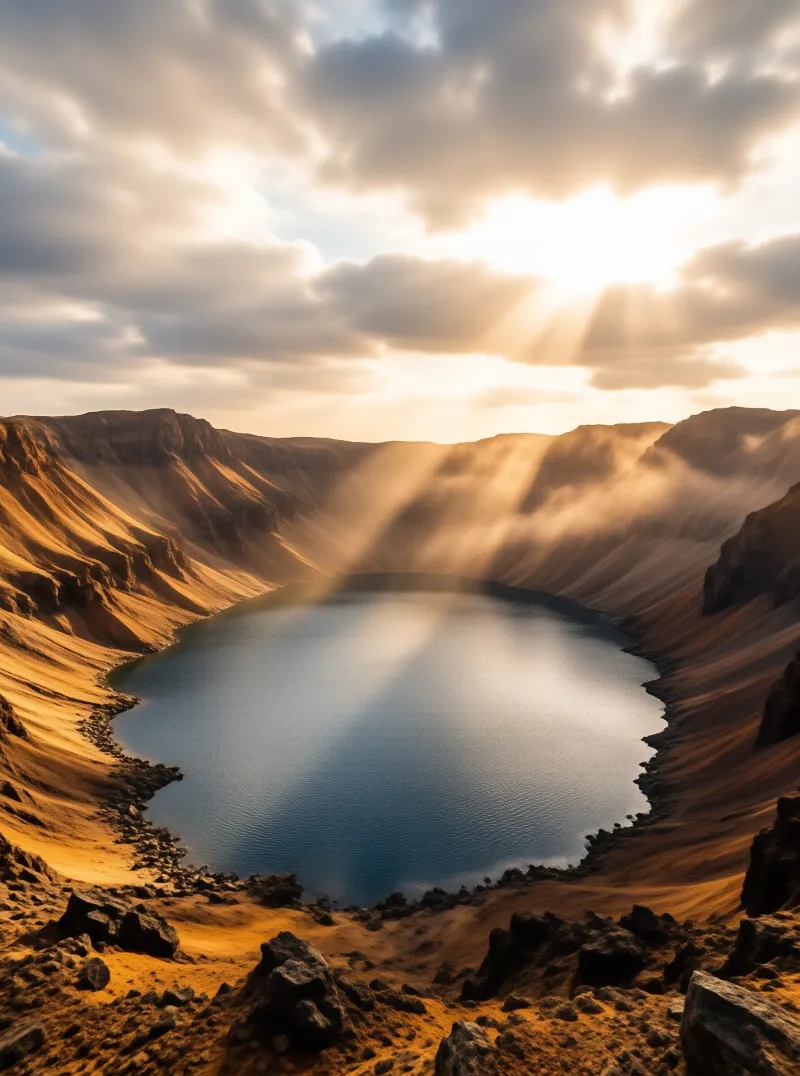 Deep blue water fills a rocky volcanic crater as bright sunbeams cut through the clouds above the rim.