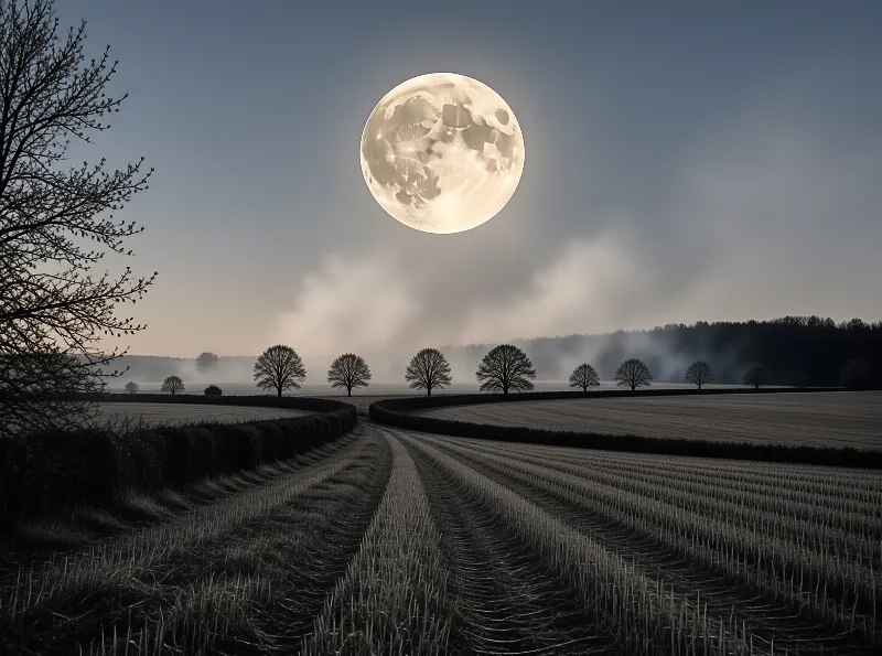 A large full moon hangs high in the sky above a quiet country road lined with bare trees and hedgerows during twilight.
