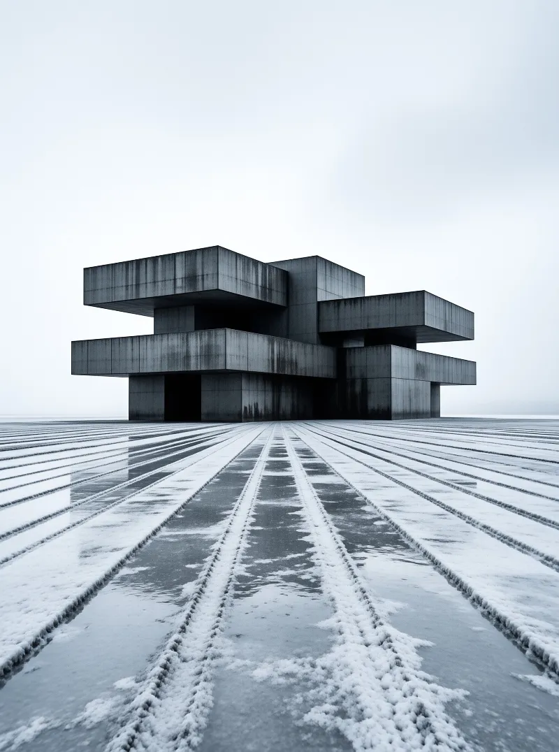 A dark concrete structure sits on a flat white landscape marked by parallel grooves leading toward the geometric mass under a gray sky.