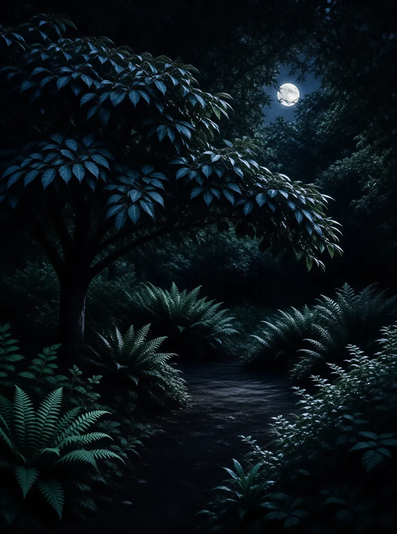 A dark forest path winds through ferns while a bright full moon shines through the trees above.