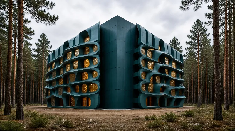 A teal-colored modern building with golden-lit windows stands in a dense pine forest, its curved facade contrasting with the straight tree trunks