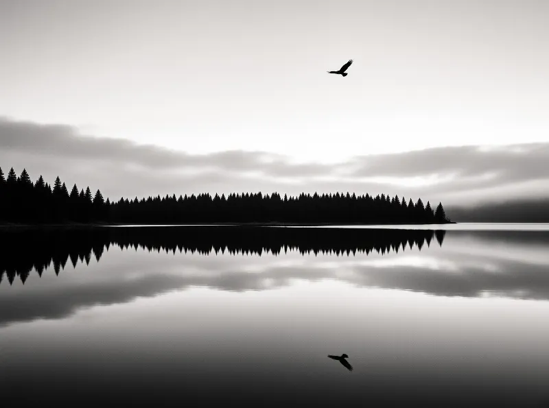 A solitary bird flies across a pale sky above a calm lake where a dark forest line reflects perfectly in the still water.