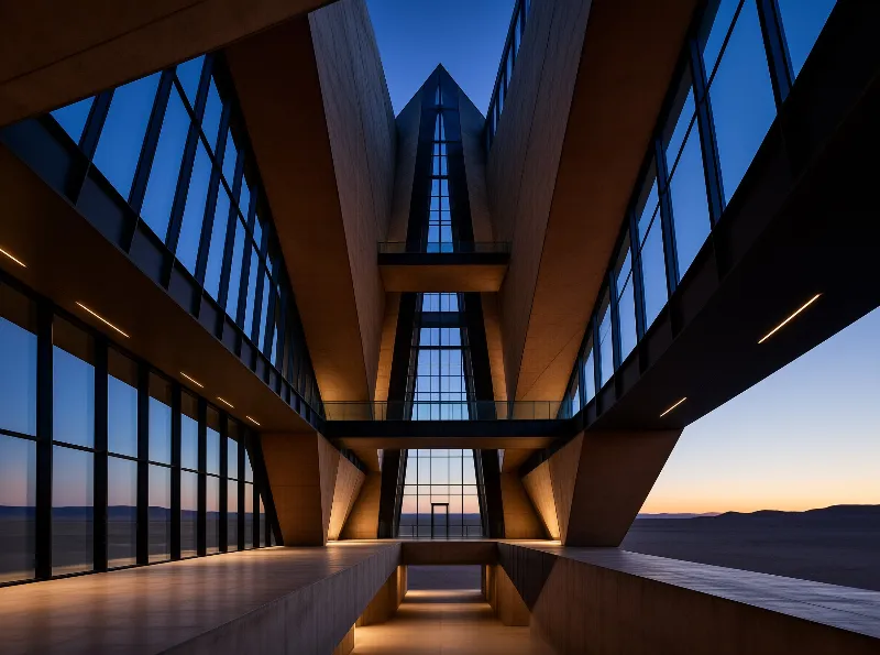 A futuristic concrete structure with glass windows stands in a desert under a twilight sky with warm interior lighting.
