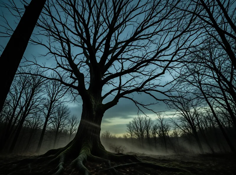 A massive leafless tree with spreading roots silhouettes against a teal dusk sky above drifting fog.