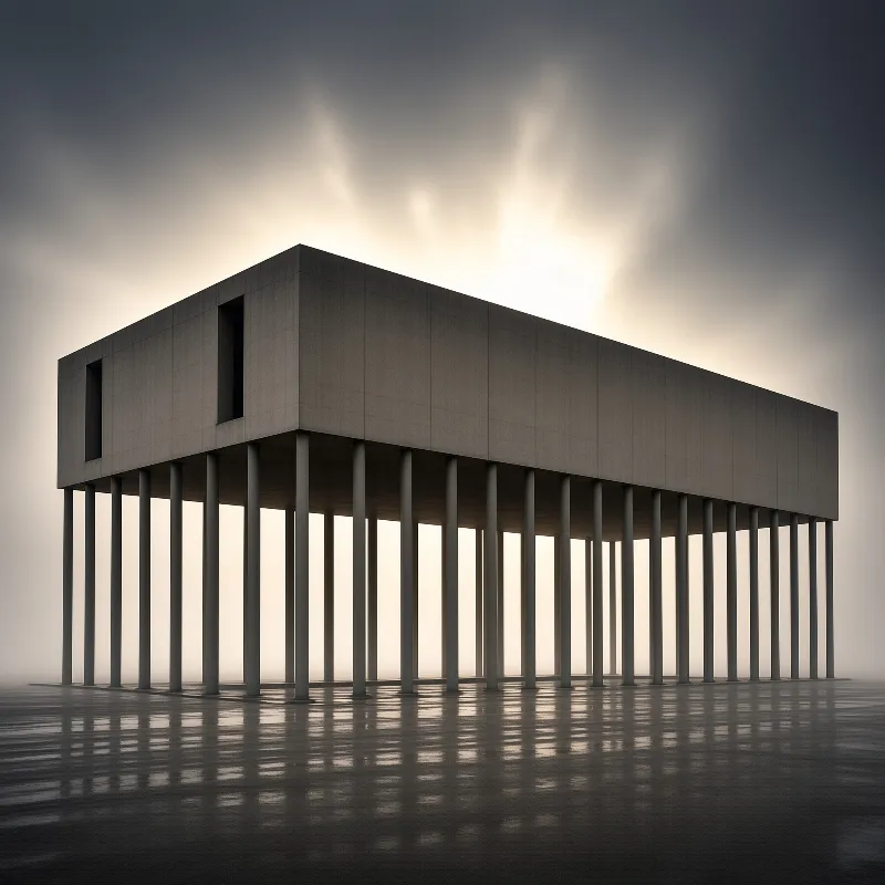 A minimalist concrete building with vertical columns is positioned over a glossy surface that mirrors its form beneath a sky pierced by bright sunbeams