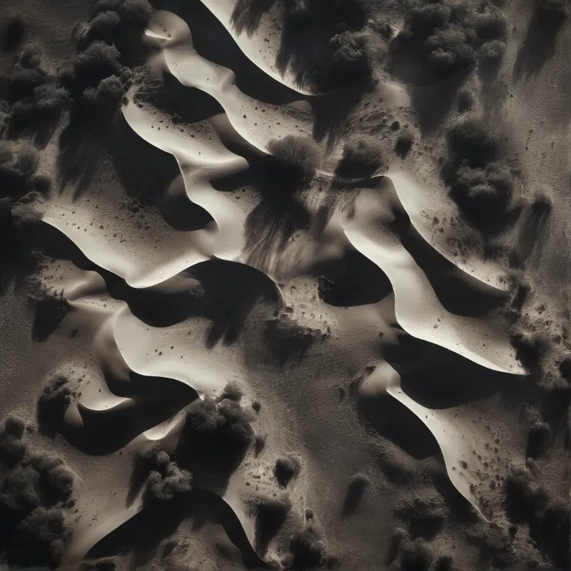 Highly contrasted grayscale image of wavy folded dark textured shapes with irregular shadowed pits across the frame.