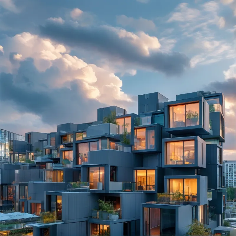 Dark cubic apartment blocks feature large illuminated windows contrasting with a cloudy evening sky.