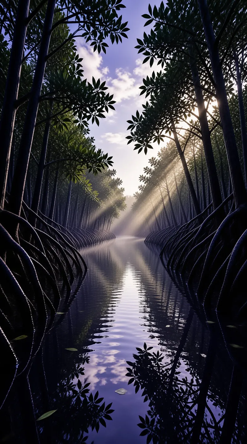 Sunlight beams filter through dense mangrove trees illuminating a calm waterway surrounded by dark exposed roots.