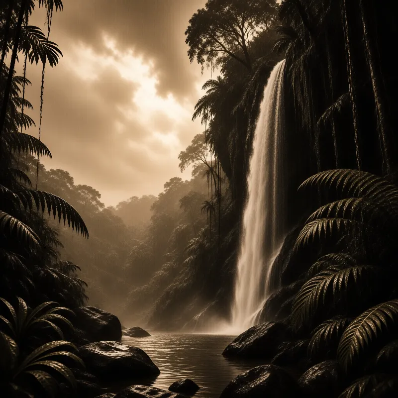 A tall cascade drops through dark palm fronds into a still pool under a heavy vintage toned sky.