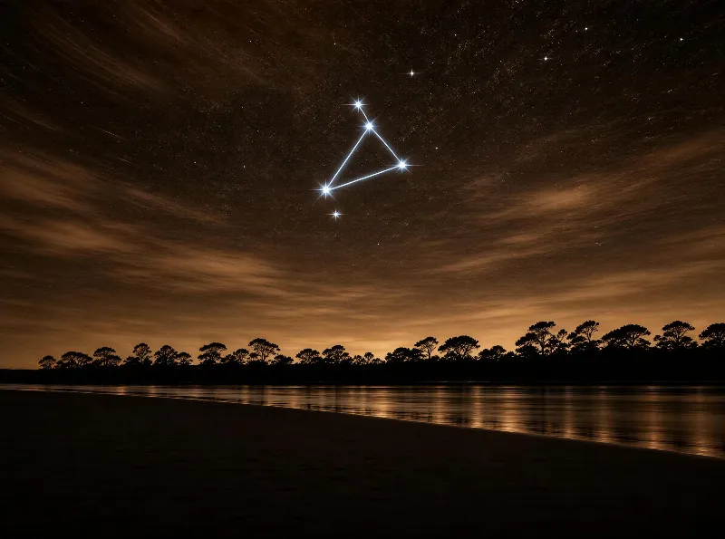 Triangular bright stars glow above a dark tree-lined shoreline and reflective water under an amber night sky.