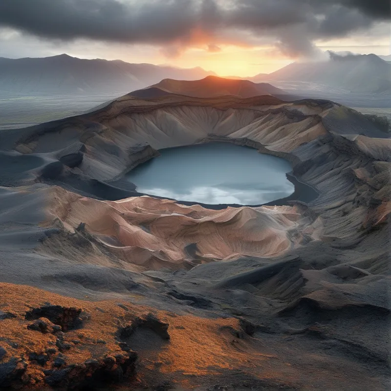 Volcanic crater holds a still pale blue lake, ringed by eroded slopes, with warm sunset light over distant mountains.