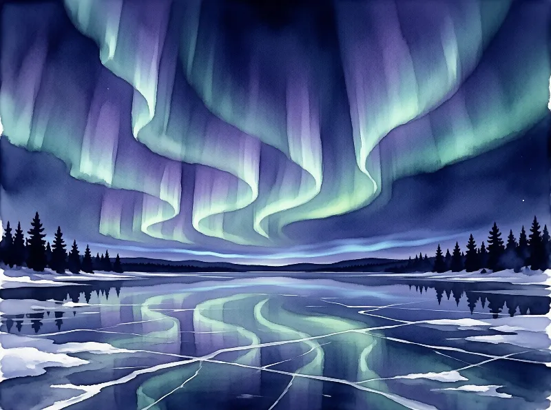 Green and violet aurora lights ripple above a frozen lake, mirrored perfectly against dark silhouettes of pine trees.