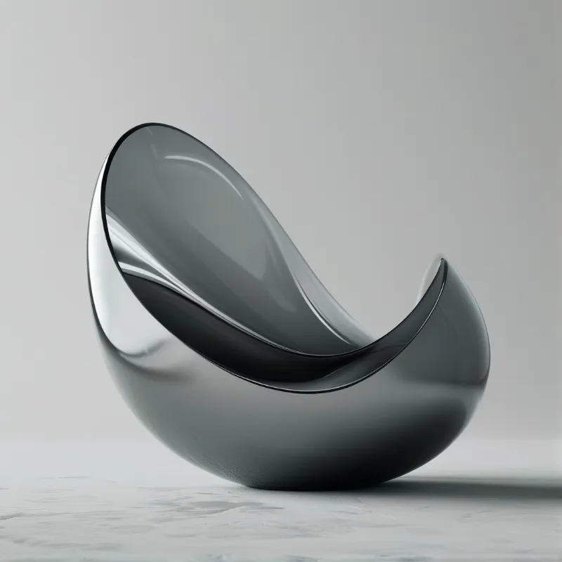 A dark curved seating object rests on a pale surface under even illumination.