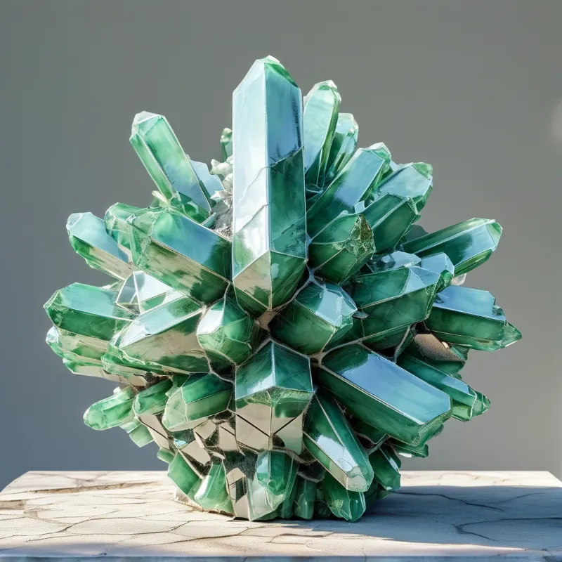 A large emerald green mineral formation sits on a marble ledge featuring bright specular highlights across its jagged facets.
