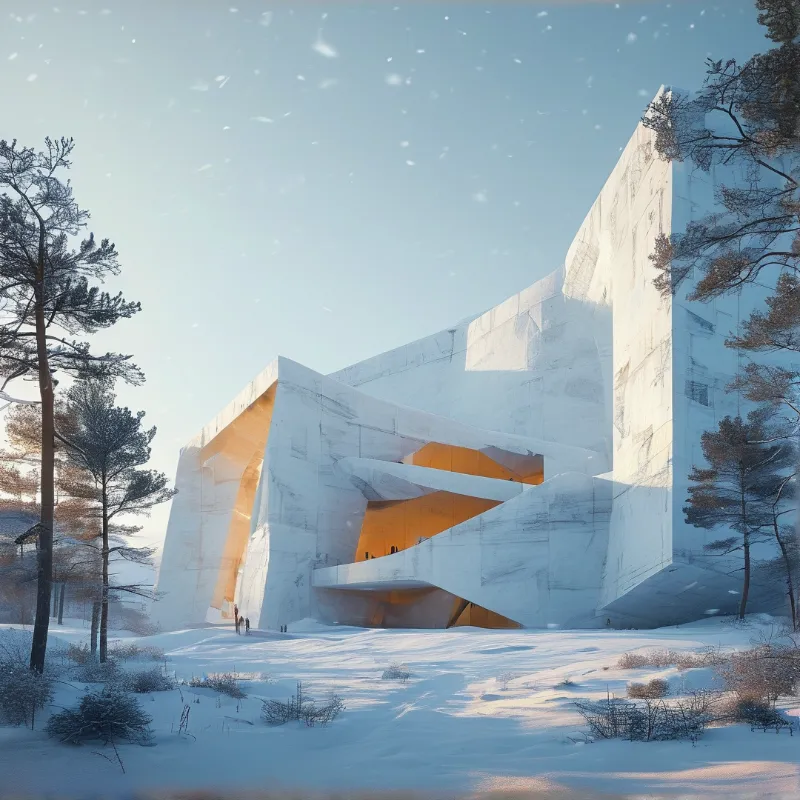 A futuristic white concrete structure with glowing interior recesses stands amidst a snowy forest under a pale blue sky.