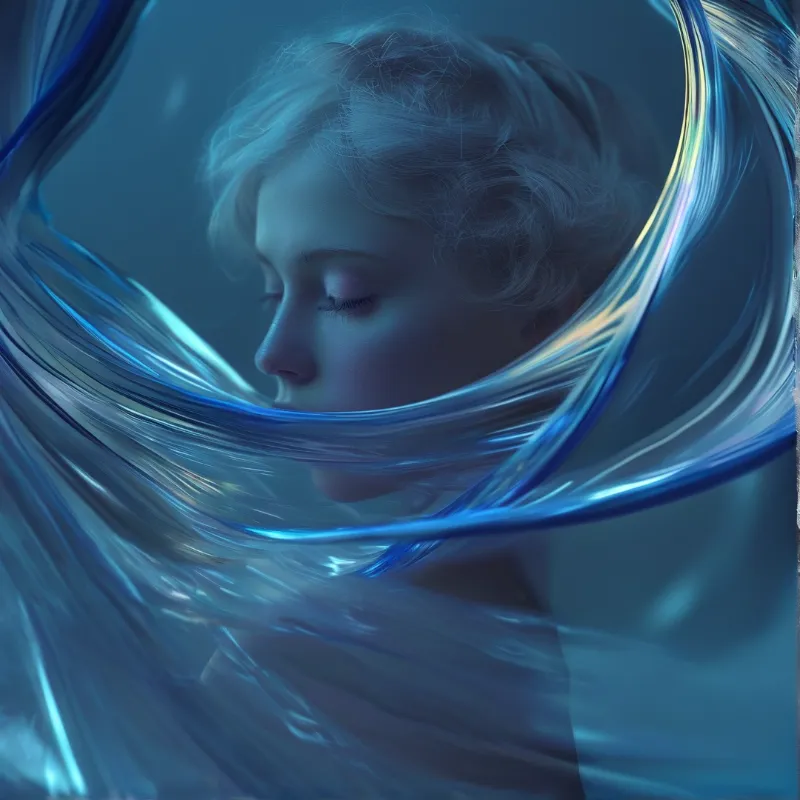 A pale woman with closed eyes rests inside a vortex of glowing blue light streams within a cool blue environment.