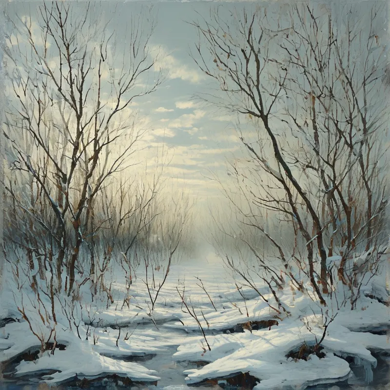 A frozen stream curves through snow covered banks framed by the bare branches of a quiet winter forest
