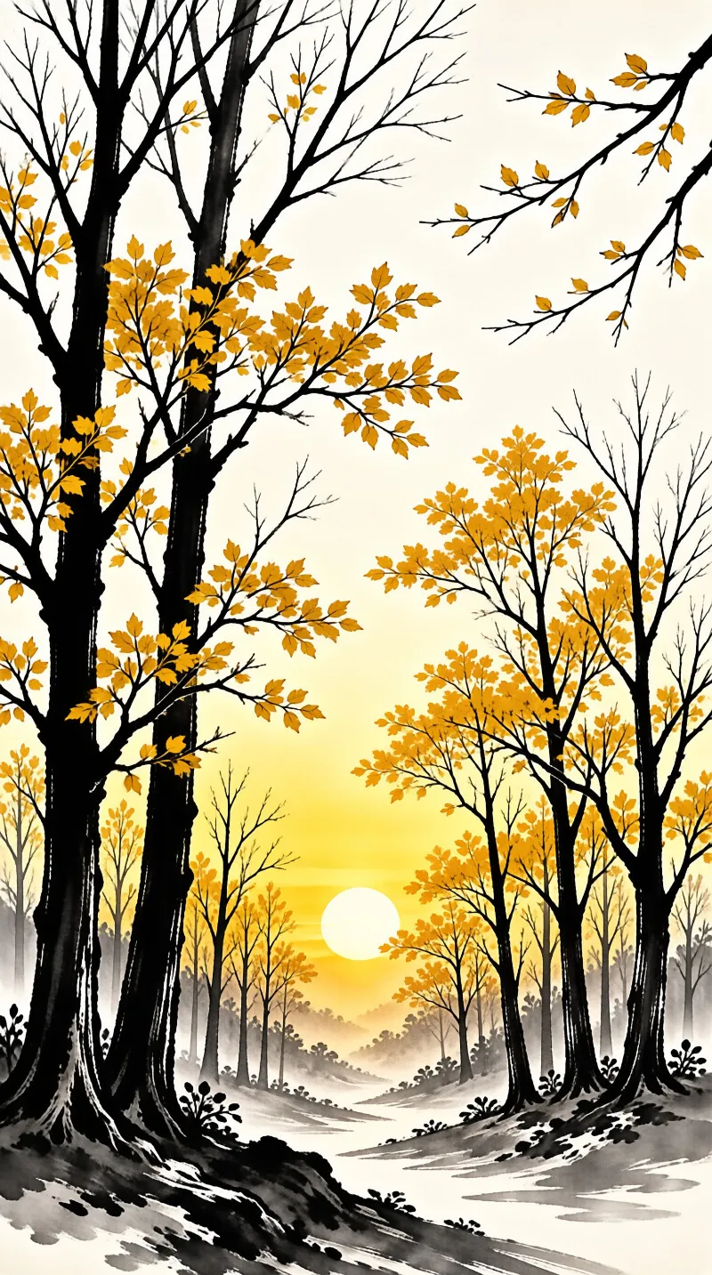 Autumnal forest trees with dark branches and yellow leaves surround a misty valley with a bright setting sun on the horizon