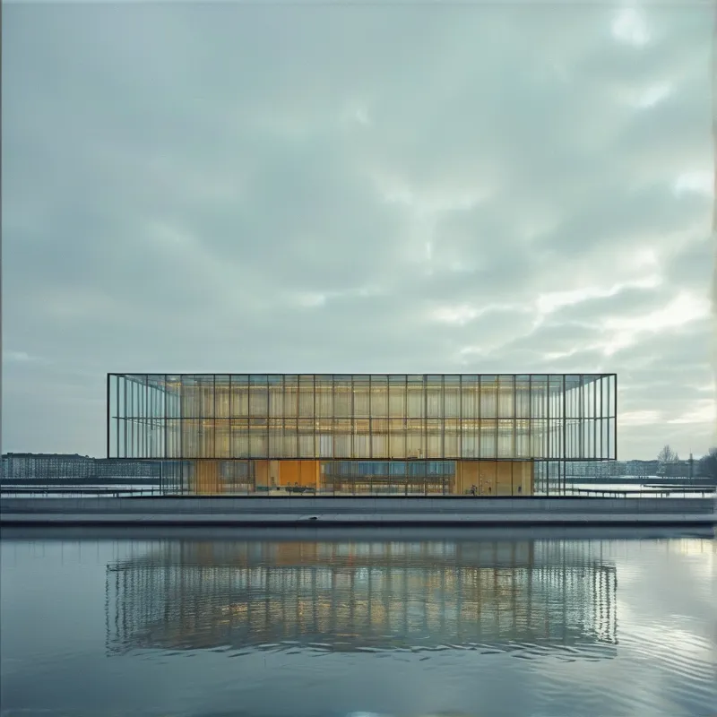 A low glass building glows amber beside still water under a soft overcast sky.