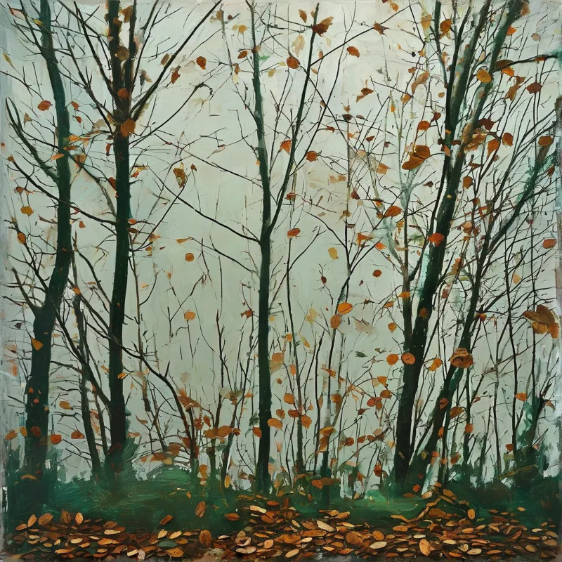 Dark slender trunks rise through a pale misty forest, holding scattered orange leaves above a carpet of brown fallen foliage.