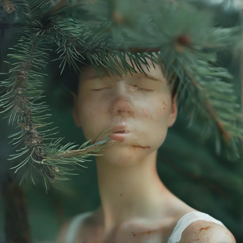 A dirt smudged person with closed eyes holds a pine sprig while framed by green branches