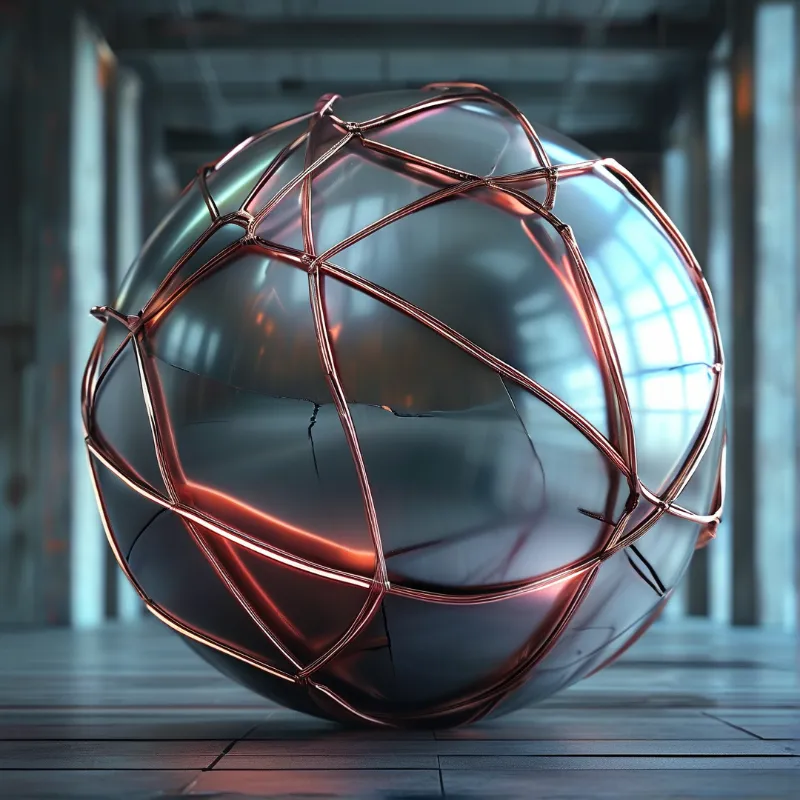 A shiny metallic sphere wrapped in copper framework rests on tiled flooring inside a dim industrial hall