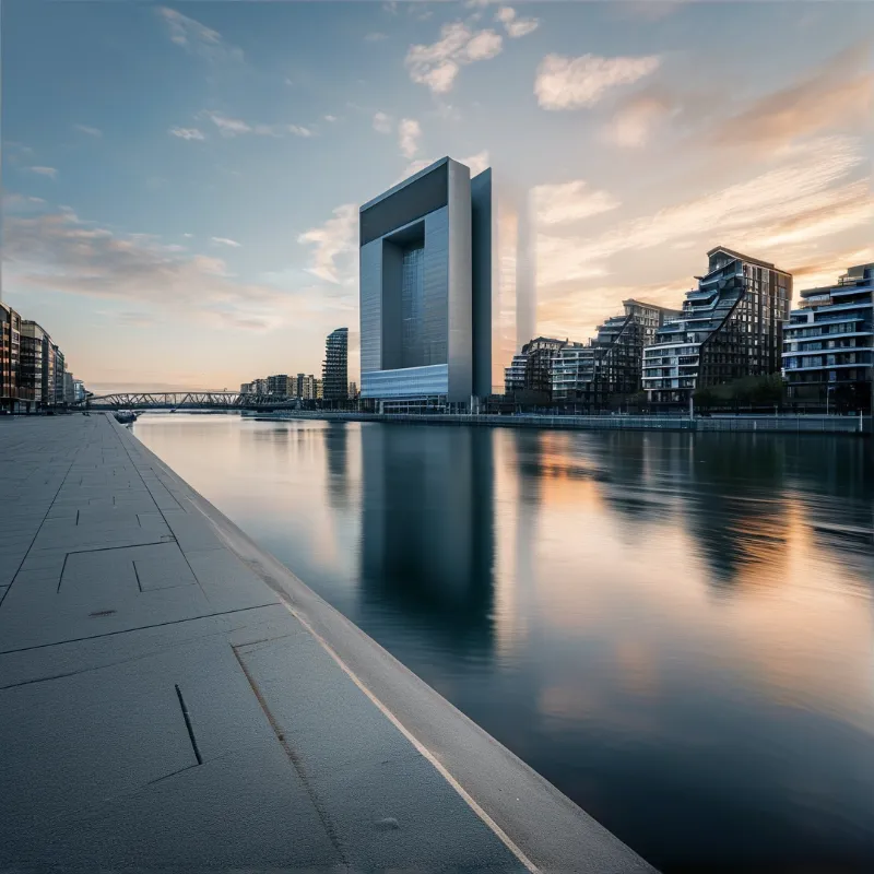 A hollow rectangular skyscraper sits on the riverbank with its full reflection visible on the calm water under warm dusk light near a paved walkway.