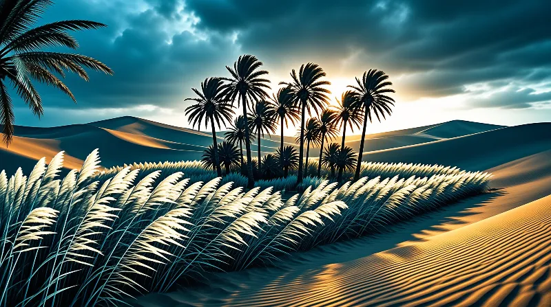 Tall palm trees grow from a grassy mound in golden sand dunes under a cloudy blue sky.