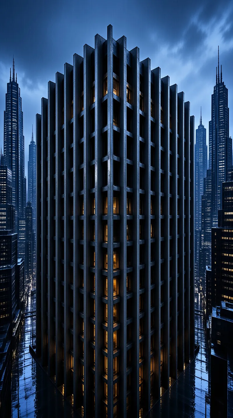 A vertical concrete tower with warm lights reflects in wet streets below a rainy skyline.