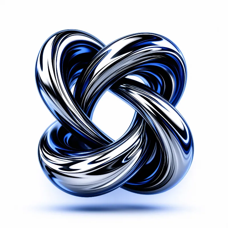 A shiny blue and silver knot floats against a white background, displaying smooth reflective surfaces and twisted geometric details.