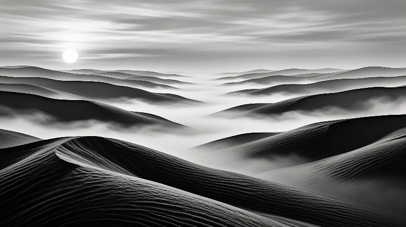 Monochrome landscape of rolling sand dunes at dawn, low sun shining over fog filled valley ridges under streaked cloudy sky