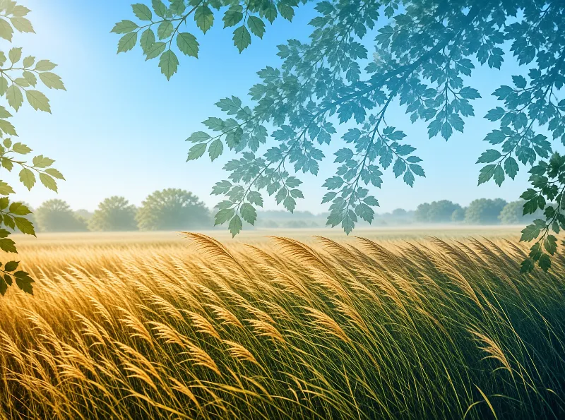 Wheat stalks curve across a sunny landscape framed by overhead green branches against a bright blue sky and distant treeline.