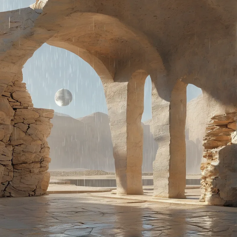 Weathered stone arches frame a desert view while rain falls against a bright sky with a visible moon.