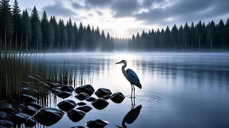 A grey heron stands in rippling water surrounded by a misty pine forest under a cloudy sky.