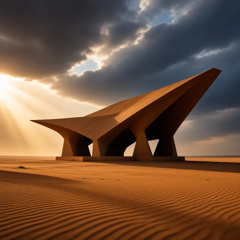 A sharp angular concrete building stands alone in the sand dunes while golden sunlight breaks through storm clouds above.