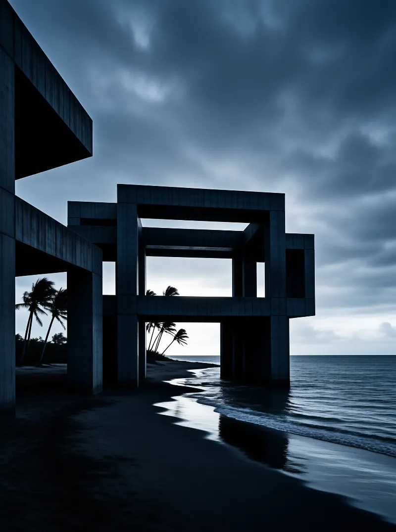 A large geometric concrete building stands on a wet beach beneath a heavy overcast sky during twilight.