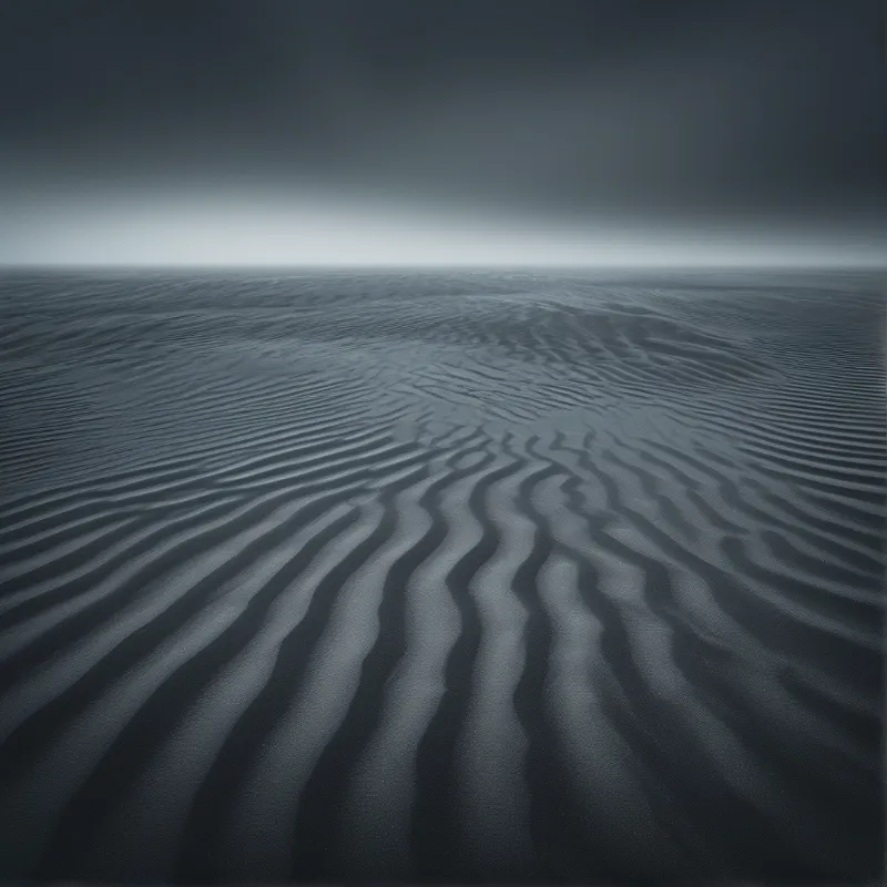 Monochrome view of a vast desiccated plain covered in undulating ripple patterns fading into a hazy dim sky