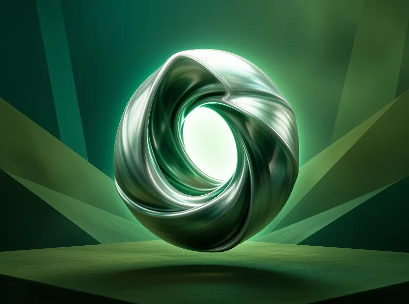 A polished silver-green ribbon sculpture curls into a glowing loop on a softly lit stage.