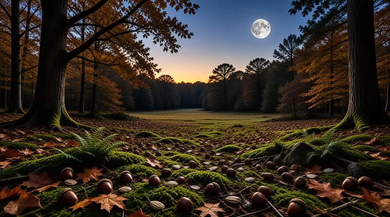 Mossy forest floor scattered with acorns and leaves beneath a glowing full moon in the twilight sky.