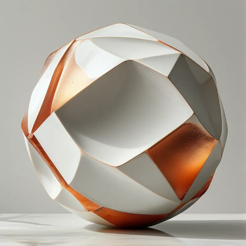 A geometric sphere with white and copper facets rests on a white surface against a gray background with soft lighting.