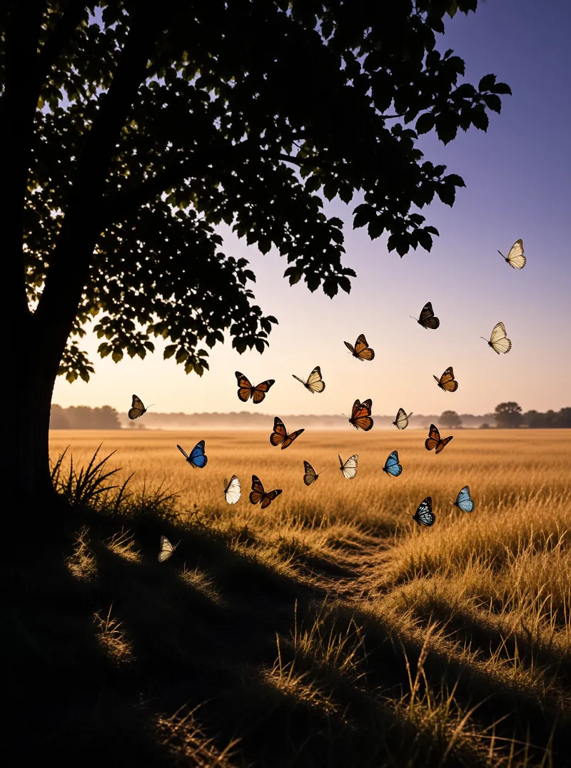 Colorful butterflies flutter over a golden field beneath a dark tree silhouette at sunset with purple and orange sky.