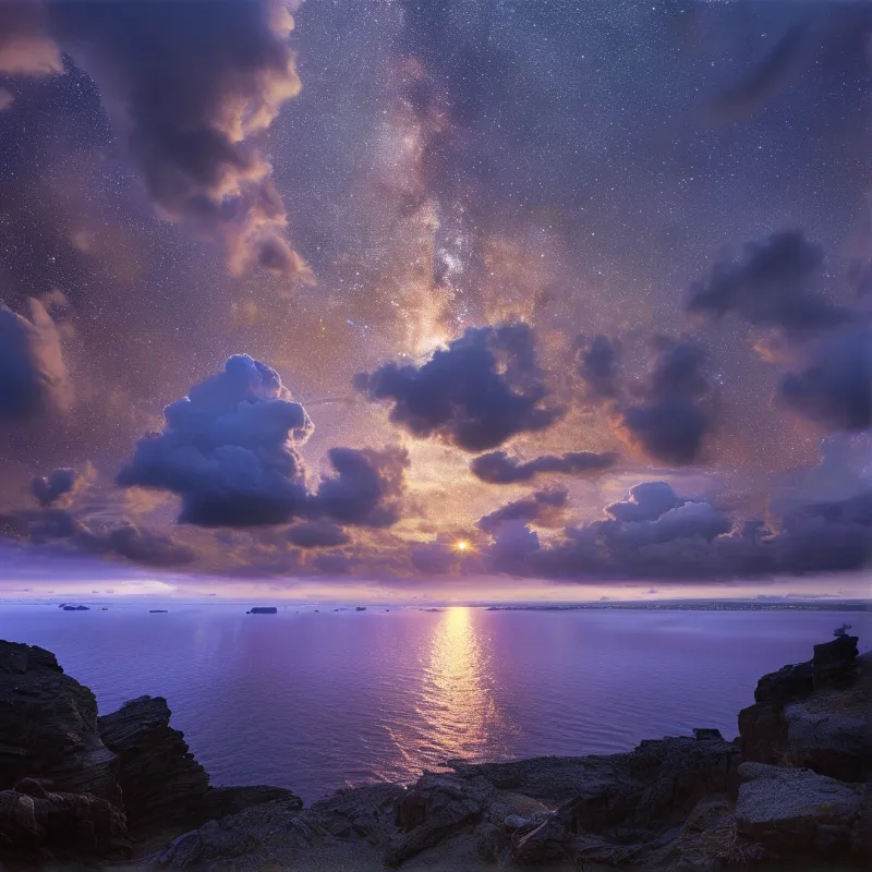 Bright stars fill a purple sky above a calm sea as a glowing sun reflects on the water between rocky shores.