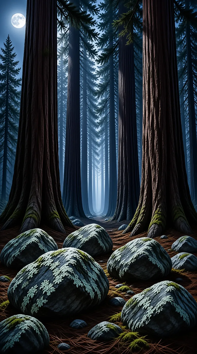 A night scene showing tall evergreen trees and moss covered rocks with a bright full moon shining through the fog.