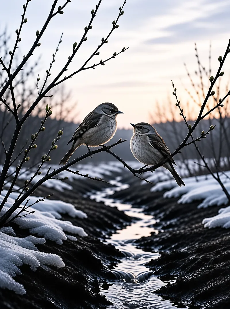 Two small birds face each other on a budding twig while a stream winds through the snow in sunset light.