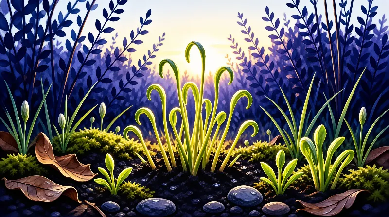 Curled green shoots rise from dark soil surrounded by vibrant moss, smooth pebbles, and fallen leaves under golden light.