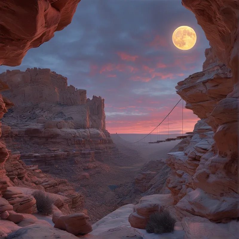 A wooden suspension bridge stretches across a rocky canyon under a pink sky and glowing moon.